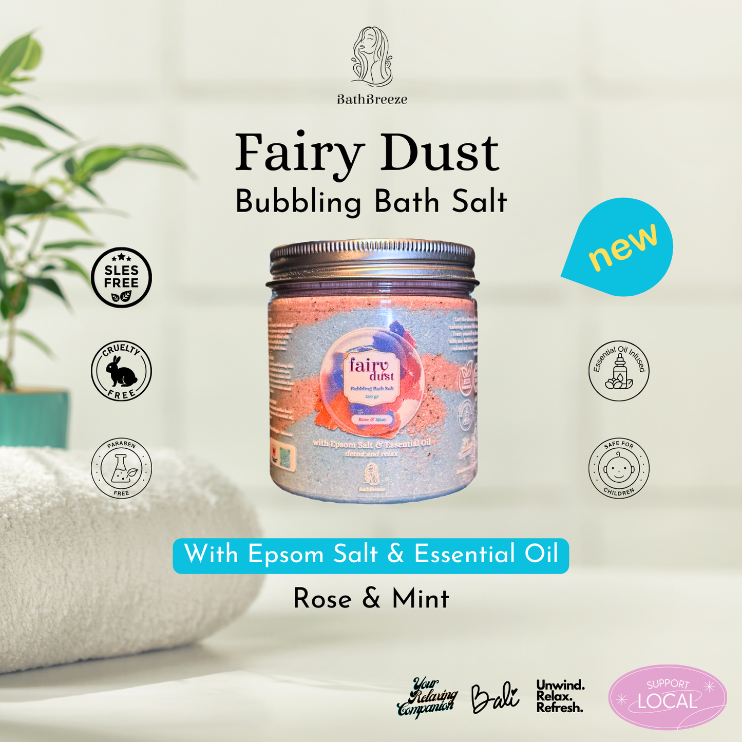 Rose & Mint Fairy Dust Bubbling Bath Salt With Epsom Salt & Essential Oil by BathBreeze Your Relaxing Companion